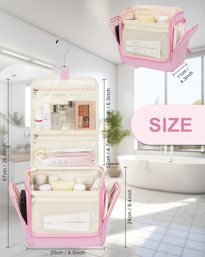 Relavel Hanging Toiletry Bag for Women, Travel Makeup Bag Cosmetic Organizer Toiletries Shower Bag for Travel Essentials, Accessories, Cute Gifts for Girls, Pink - Image 6