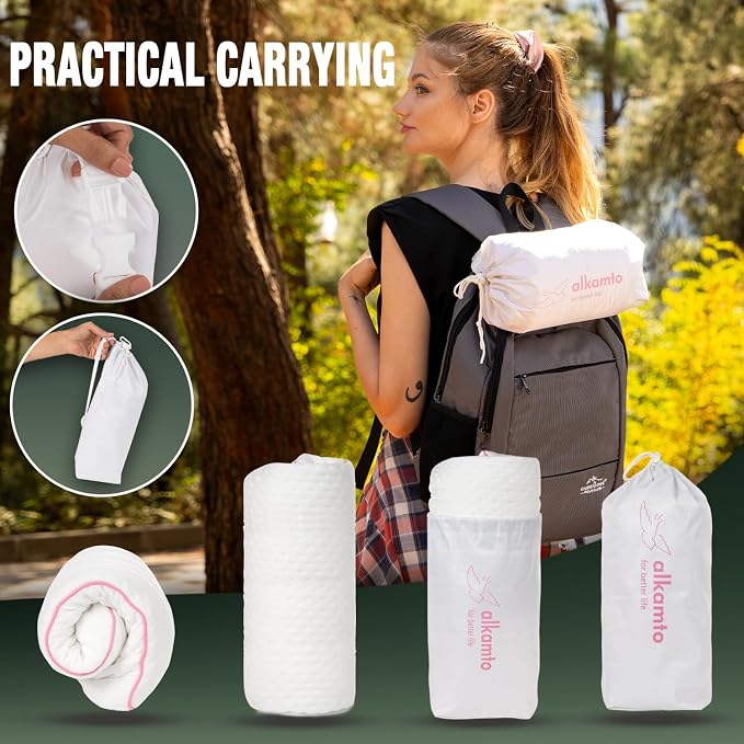 alkamto Travel & Camping Comfortable Memory Foam Pillow – Easy to Carry Portable Bag – Temperature Regulating Pillow Case (Pink + Extra Cover) - Image 7