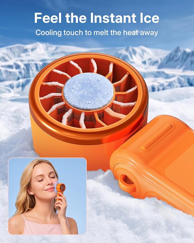 SWEETFULL Mini Portable Handheld Fan with Ice Cooling, 4000mAh Pocket Turbo Fan Rechargeable, 3 Speed, Lightweight Foldable Personal Hand Fan for Travel, Beach Vacation, Women Girls (Orange) - Image 2