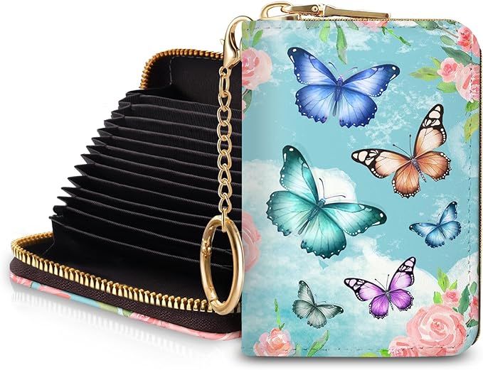 Blusabaca RFID Credit Card Holder Small Women Travel Wallet, Butterfly | Removable Keychain, Case with Zipper, Vegan PU Leather, Cash Coin Pocket, Business Accordion Purse, Ladies Female Gift by Blusabaca