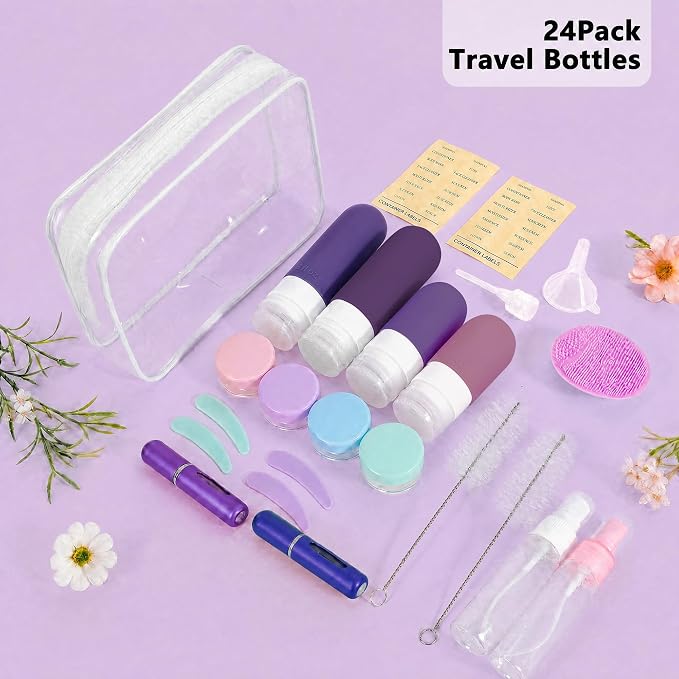 24 Pack Travel Bottles for Toiletries -TSA Approved, Leak Proof Silicone | Refillable Travel Size Containers Kits with Perfume Spray Bottle for Shampoo, Conditioner, Lotion, Cosmetic (Purple) - Image 5