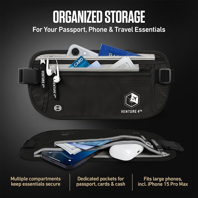 VENTURE 4TH Travel Money Belt, RFID Blocking Passport Holder - Black - Image 5