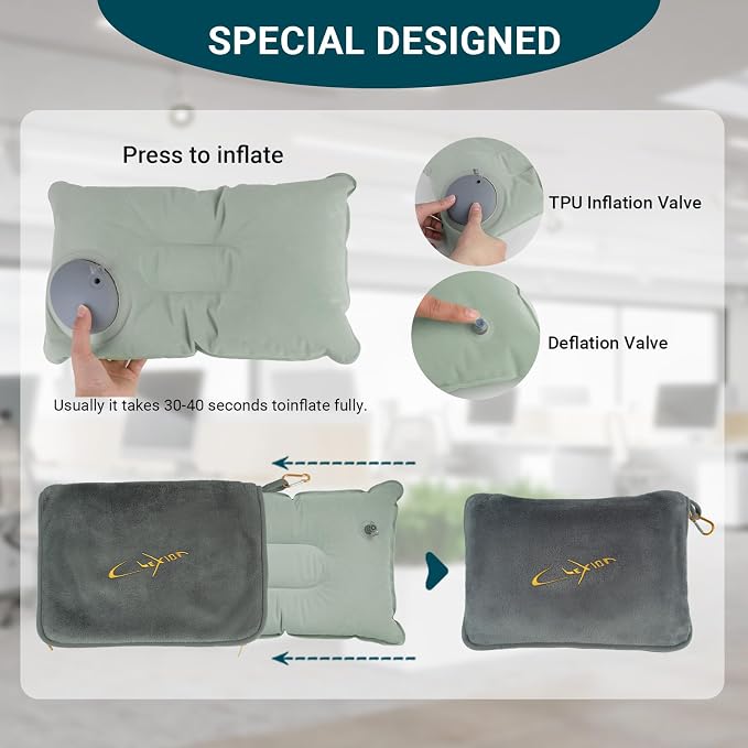 Travel Blanket and Pillow Set for Airplane, 300 GSM Soft Fleece Compact Travel Blanket with Inflatable Pillow and Carry Bag, 60x43 Inches, Grey - Image 5