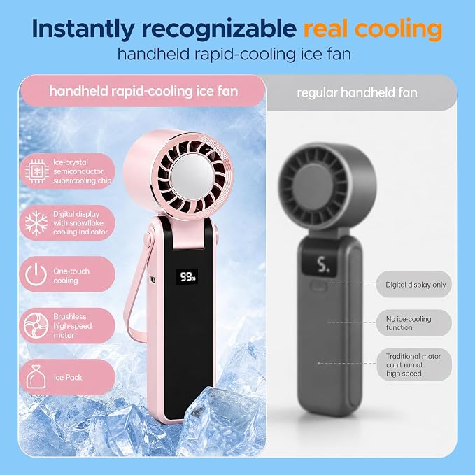 QearFun Portable Handheld Fan With Ice Cooling, 3-In-1 Rechargeable Personal Fan, 5-Speed Settings (1–199), Compact Pocket Fan Ideal For Travel, Outdoor Activities, Home, And Office (pink) - Image 4