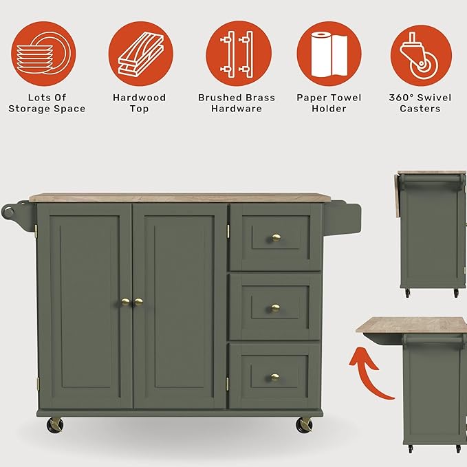 Homestyles Mobile Kitchen Island Cart with Wood Top and Dropleaf Breakfast Bar, 18" D x 53.5" W x 36" H, Green - Image 5