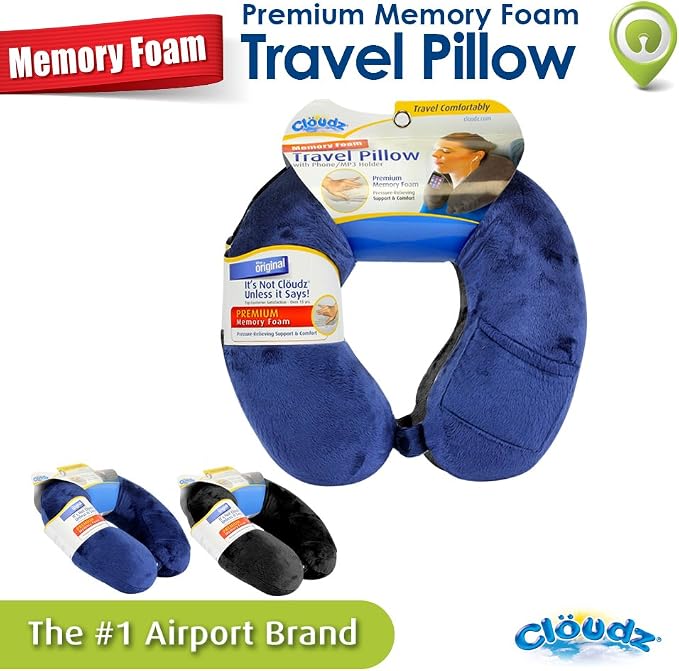 Memory Foam Travel Neck Pillow with Snap & Pocket - Blue - Image 3