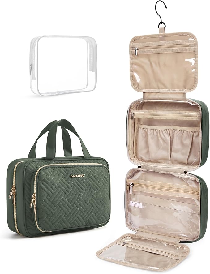 BAGSMART Toiletry Bag Hanging Travel Makeup Organizer with TSA Approved Transparent Cosmetic Bag Makeup Bag for Full Sized Toiletries(Dusty Green) by BAGSMART