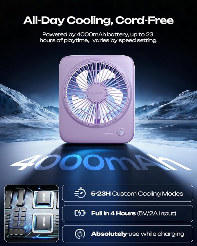 Otlonpe Personal Portable Desk Fan, 4000mAh Small Rechargeable Portable Fan Battery Operated & USB Powered for Travel Sleeping Bedroom Office Home Table, Cordless, Quiet, 4-Speed, 6.5 Inch (Purple) - Image 3