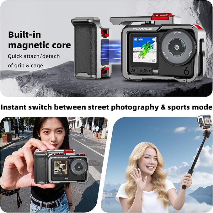 Action 6 Grip Kit (with Metal Cage), Aluminum Alloy Camera Handle Bundle Expansion Mount with Shutter Button, Quick Release, Cold Shoe, 1/4" Threaded Hole for DJI Osmo Action 6 Accessories - Image 2