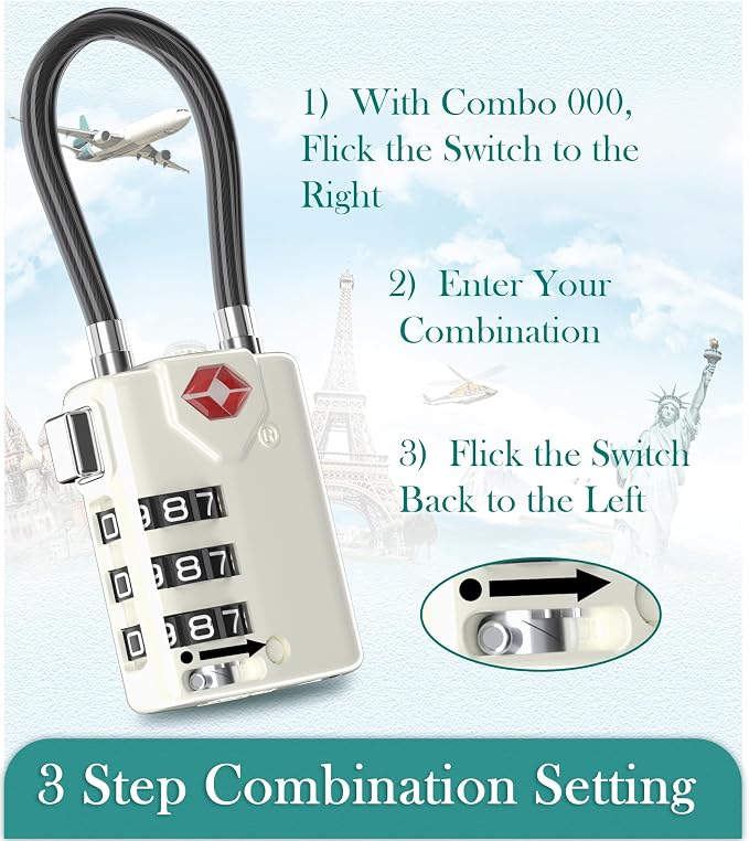 TSA Approved Luggage Locks, Combination Cable Locks, 2 Pack, White | Search Alert shows TSA key access; resettable 3-digit code and flexible braided steel cable for suitcases and backpacks. - Image 6