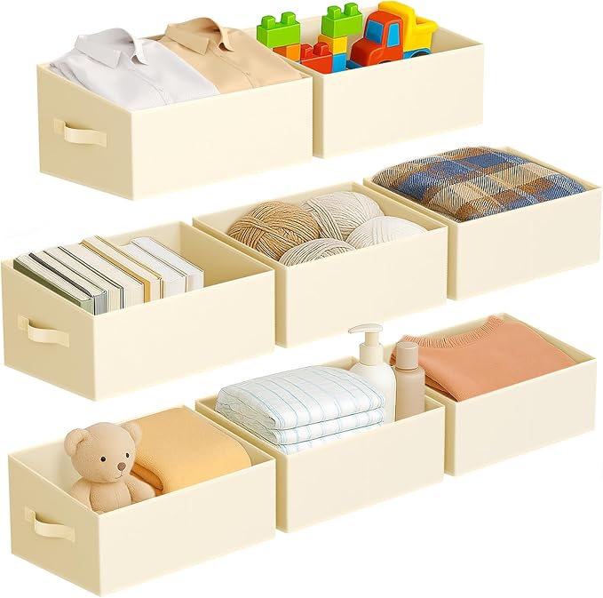DIMJ Large Closet Storage Bins 8 Pack - Fabric Trapezoid Closet Organizer Bin, Foldable Storage Baskets for Shelves, Closet Shelf Organizer, Clothing Storage Box for Toys, Books, Towel, Clothes, Beige by DiMJ