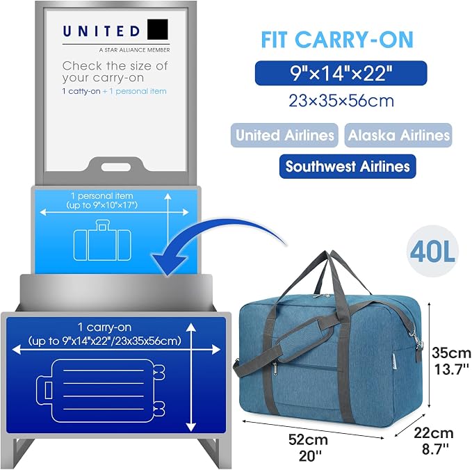 Narwey Carry on Luggage 22x14x9 Airline Approved Foldable Duffle Bag for Travel Packable Duffel Bag for Traveling Airplane for Women and Men 40L (Navy Blue (With Shoulder Strap)) - Image 2