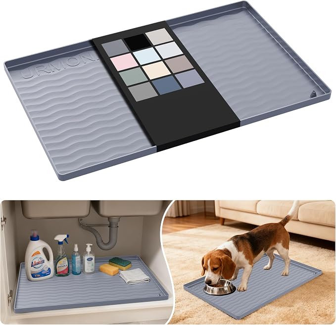 URMONA Waterproof Silicone Under Sink Mat 22'' x 14'' Shelf Liner for Kitchen and Bathroom, Cabinet and Counter Protector, Storage and Organizers, Litter Mat, Pet Cat Puppy Essentials(Light Grey) by URMONA