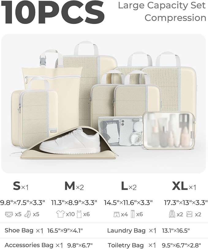 Percover Compression Packing Cubes for Travel, 10-Piece Structured Compression Organizer Set with Toiletry Bag, Laundry Bag & Shoe Bag for Carry-On & Checked Luggage, Beige - Image 2