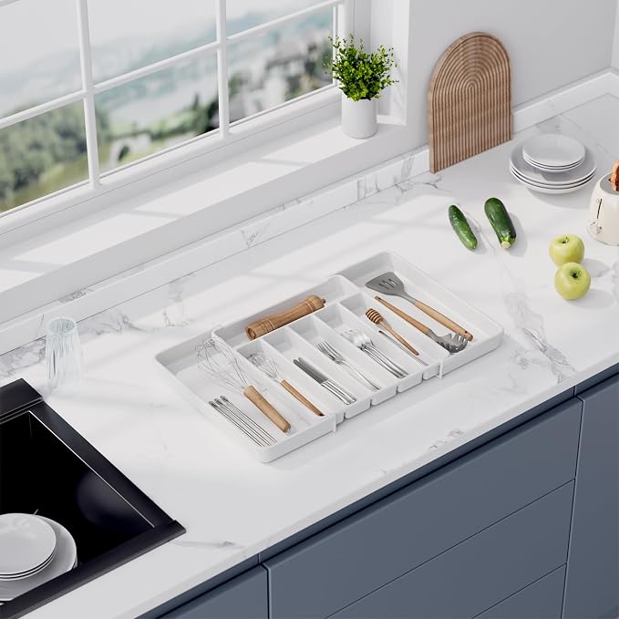 Aujen Silverware Drawer Organizer, Adjustable Utensil Cutlery Tray | Expandable Kitchen Organizer for Forks Knives, Multipurpose Kitchen Storage, Apartment Essentials, White, Large - Image 8