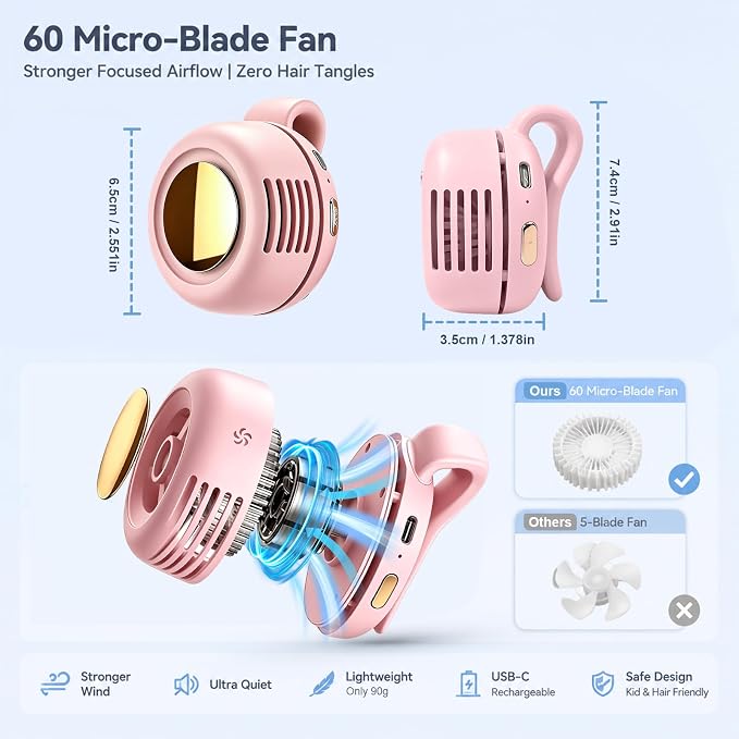 Portable Clip-on Fan Silent Bladeless Mini Fan | 360°Rotation 3-speed Modes Whirlwind Waist Clips Fans Hands-Free Cooling Fan Outdoor Trip Work Travel Pink - Image 3