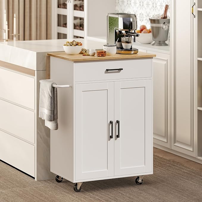 MAHANCRIS Kitchen Island on Wheels with Drop Leaf, Folding Countertop Kitchen Island Cart, Kitchen Island Table with Towel Rack, Drawer, for Kitchen, Dining Room, White and Natural KINW12501 - Image 2