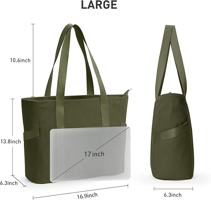Tote Bag for Women, Casual Hobo Handbags with Compartments | Water Repellent Corduroy Large Capacity Fits 15.6" Laptop Zipper Closure for Travel Work School - Image 4