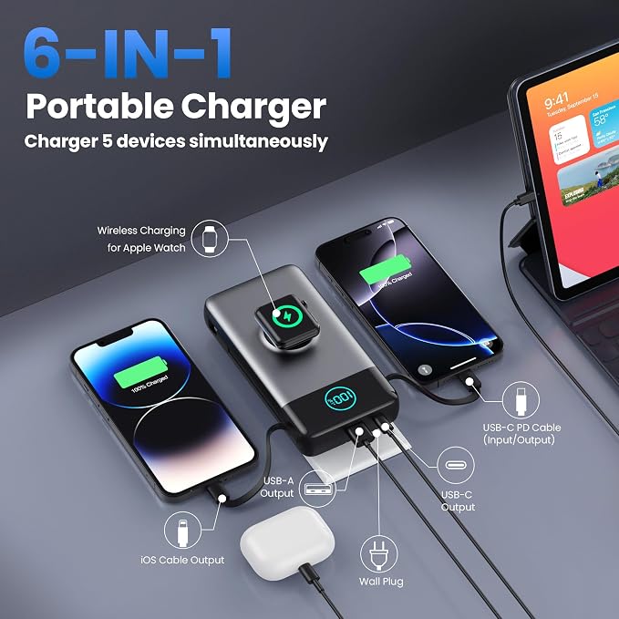 Portable Charger for iPhone, 40800mAh Power Bank with Built-in Cables & AC Wall Plug, All in One 5 Outputs USB C Fast Charging External Battery Pack for iPhone 17/16/15/14, Android, Travel Essential - Image 2