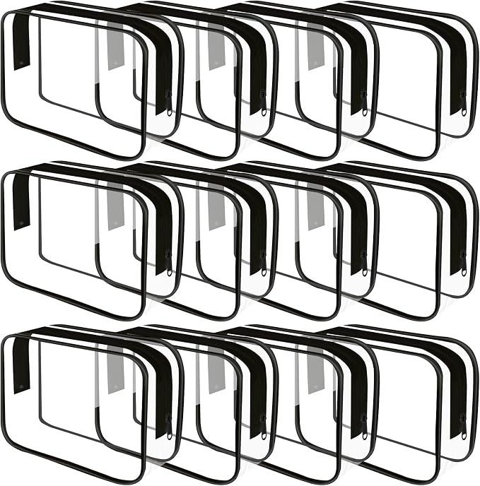 Clear Toiletry Bag, 12 Pack TSA Approved Toiletry Bag Carry on Travel Accessories Bag, Quart Size Bag for 3-1-1 Liquids Airport Airline Compliant Clear Makeup Bag with Metal Zipper (Black Bags) by REHALY