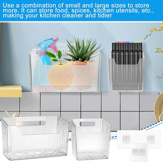 8 Pcs Storage Organizer Bins - Wall Mounted Basket in 2 Sizes, Clear Cabinet Door Stackable Adhesive Hanging Bin for Bathroom, Kitchen, Pantry - Image 6