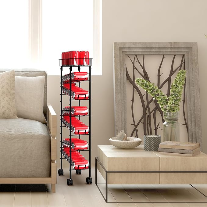 Slim Can Organizer Cart, Iron Narrow Soda Dispenser Rack for Kitchen, Black | Black,Canned Food Organizer, On Wheels, Top Basekt, Automatic Rolling Storage, for Narrow Space. - Image 7