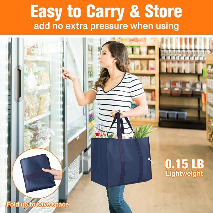 WISELIFE Reusable Grocery Bags, Foldable, Lasting Use, 35L, 6 Pack, Blue | Large Shopping Bags with Reinforced Stitching, Water-Resistant Grocery Totes for Kitchen, Market, Car Trunk, Picnic - Image 6