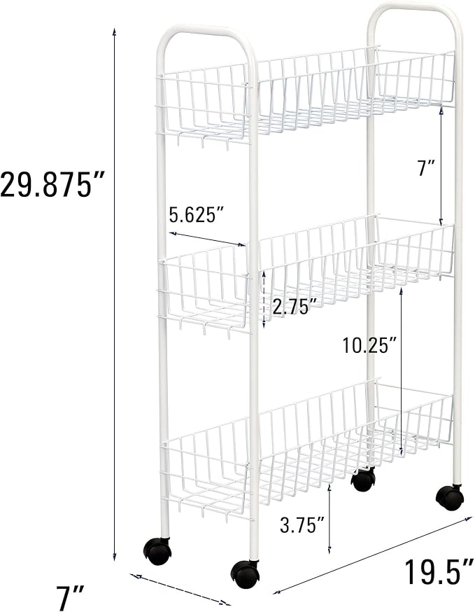 Household Essentials 05121 Slim Line 3-Tier Metal Storage Cart | Laundry Room Rolling Organizer | White - Image 2