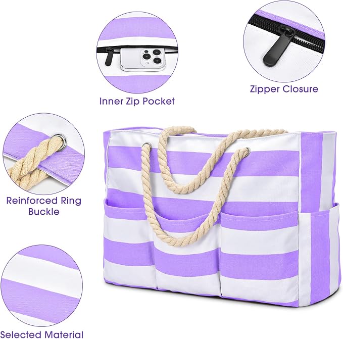 Becokan Beach Bags for Women Canvas Large Beach Tote Bag Zipper Waterproof Sandproof Foldable Swim Pool Bag with 7 Pockets - Image 4