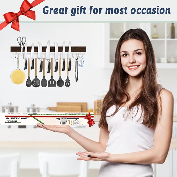 23 Inch Magnetic Knife Holder for Wall - Stainless Steel Magnet Knife Strip No Drill with 15 Hooks/Adhesive Tape/Screws, Wall Mounted Kitchen Utensil Holder, Walnut-Finish Magnetic Knife Organizer - Image 8
