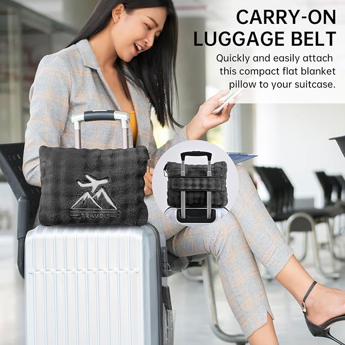 Travel Blanket and Pillow-2-in-1, Ultra-Soft&Compact, One-Piece Airplane Blanket with Hand Luggage Belt and Backpack Clip,Travelers Accessories Gifts, 61x43 Inches (Dark Grey) - Image 4