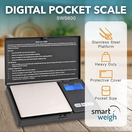 Smart Weigh SWS600 Elite 600g x 0.1g Digital Gram Scale, Pocket Sized Jewelry, Nutrition Kitchen, and School Scale, Slim Design, Black - Image 4