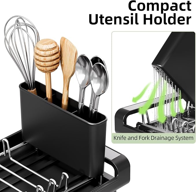 TOOLF Small Dish Drying Rack, Expandable and Space-Saving, Matte Black | Mini Dish racks for kitchen counter, Compact Design Fits Sink or Counter, Stainless Steel Plate Rack, 11"-19.3"L×7.7"W×3.54"H - Image 4