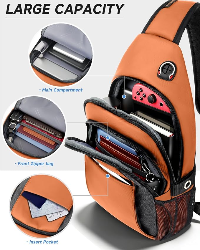 Expandable Sling Bag for Women, Anti-Theft Crossbody Bag with Side Pocket & Earphone Hole, Hiking Chest Pack for Travel, College & City Commute, Fits 11 inch iPad, Switch 2, Orange - Image 5
