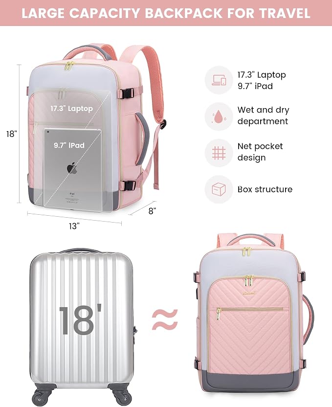 LOVEVOOK Large Travel Backpack for Women, TSA Carry on Backpack for Airplanes, 40L Personal Item Travel Bag for Women fits 17" Laptop,Waterproof Carry on Bag Airplane Approved with 3 Packing Cubes - Image 5