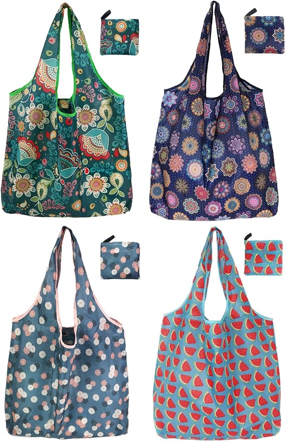 Tote Bag, 4 Pack 50Lbs Reusable Grocery Bags Gift For Women, Bulk Foldable Shopping Totes With Handles, Stylish Large Boho Tote Bags, Portable Market Cloth Storage Bags, Lightweight Heavy Duty by NewOpportunityInLivingKindly