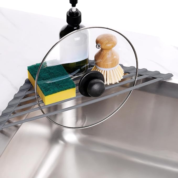 Tomorotec Roll Up Dish Drying Rack with Silicone Coating, Deep Gray | 304 Stainless Steel with BPA-Free Silicone, Triangle Design Maximizes Sink Corner Space, Fits Compact Kitchens And RVs - Image 8