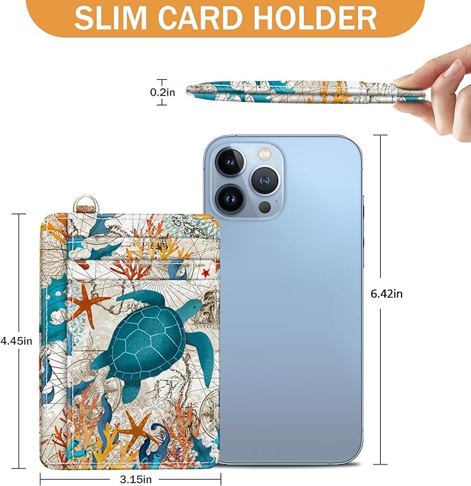 Yonlevres Sea Turtle Credit Card Holder Slim RFID Wallet Women Small Travel | Front Pocket, Handy, RFID Blocking, Woman Girls Ladies Gifts, D-ring for Keychain, Cute Thin Card Case, ID Window, PU Leather - Image 6