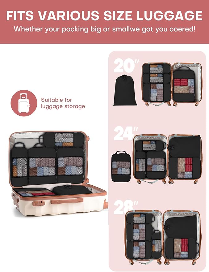 SDGFUI 6 PCS Set Compression Packing Cubes for Travel, Lightweight Packing Organizer Bags Travel Essentials for Carry On, Suitcase, Home Closet - Black - Image 2