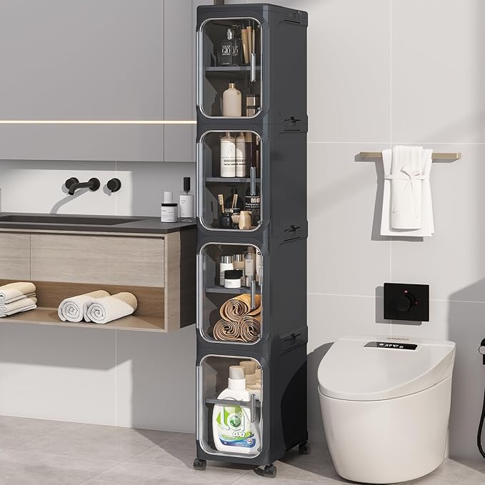 4 Tier Slim Bathroom Storage Cabinet, Foldable and Movable, Black | Tools Free, ABS and PET, Magnetic Clear Door, Adjustable Shelves, Lockable Wheels, Water Resistant, For Narrow Space by Neathub