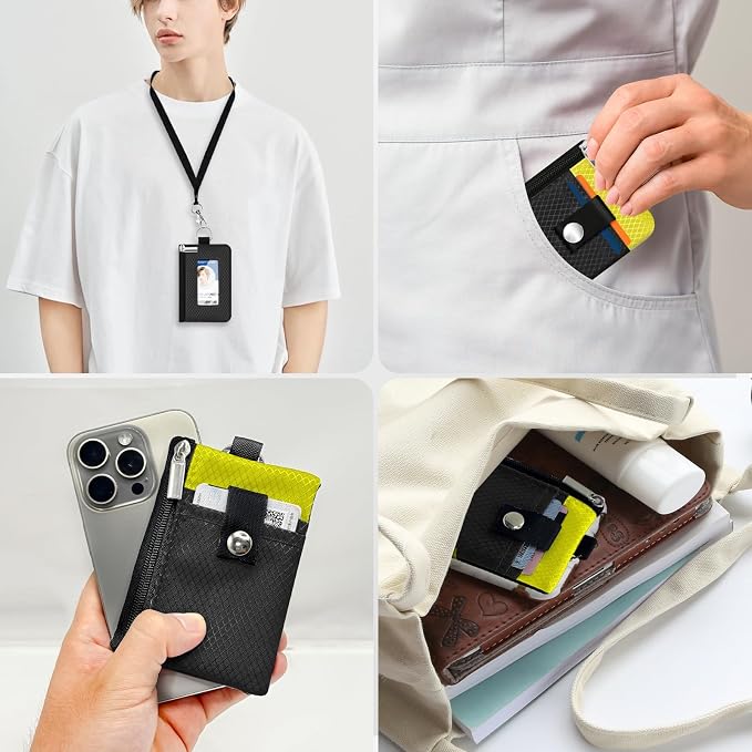 Minimalist RFID Blocking Small Wallet with ID Window,WaterResistant Zip Id Case Wallet with Lanyard Keychain for Cards,Cash,Travel,Women,Men (Black/Lemon Yellow) - Image 9