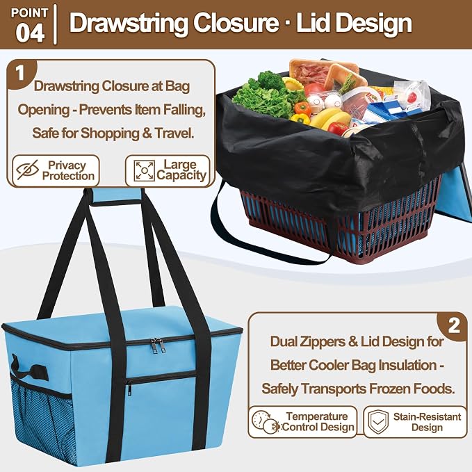 Reusable Grocery Bag – Expandable Insulated Cooler Bag with Bottom Board, Collapsible Insulated Shopping Bag with Zipper & Drawstring, Heavy Duty Tote Bag for Shopping, Delivery, Picnic, Beach - Image 5