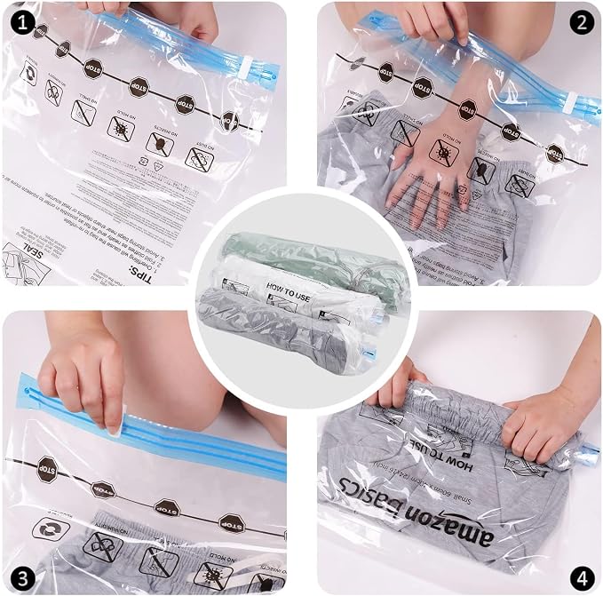 Amazon Basics Roll-Up Travel Compression Storage Bags for Clothes and Towels, No Vacuum Needed, Clear, 12 Count (6 Small & 6 Medium) Multiple (Pack of 10) - Image 4