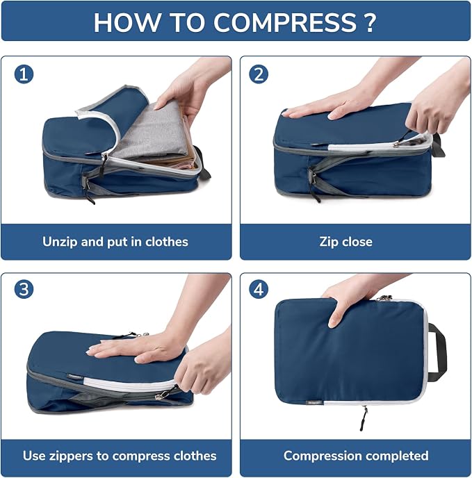 7 Set Compression Travel Packing Cubes for Suitcases, Deep Blue | Travel Essentials for Suitcase, Luggage Organizer Bags for Travel with Shoe Bag, Travel Bags for Shoes, Clothing - Image 3