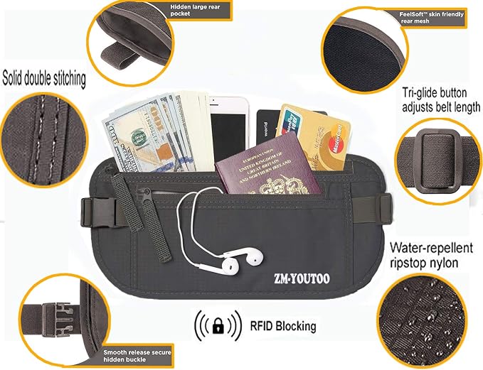 ZM-YOUTOO Money Belt for Travel - Hidden Travel Pouch Protect Your Credit and Money With RFID Blocking Passport Holder Waist Wallet (gray) - Image 3