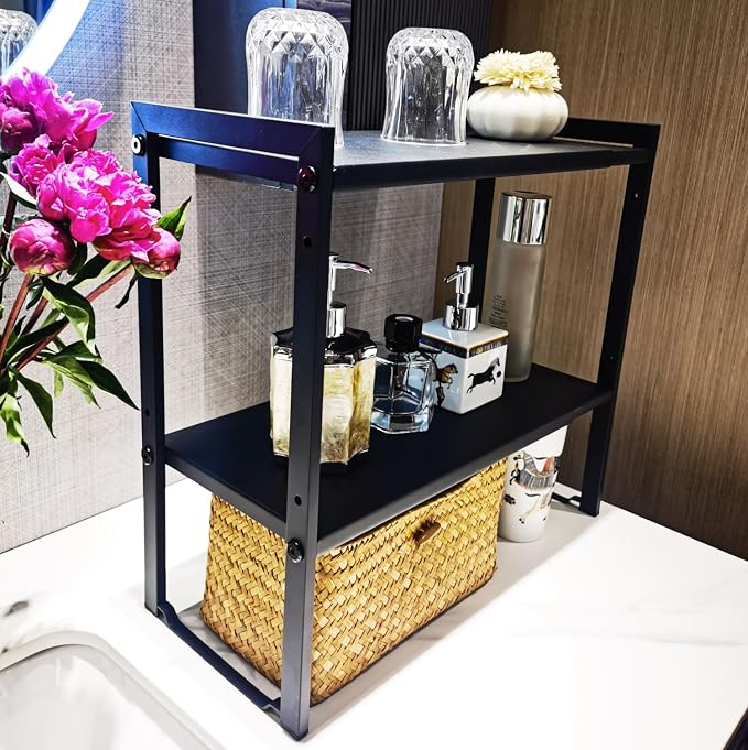 2 Tier Expandable Cabinet Shelf Organizer 14.5-25" L Kitchen Counter Shelf Rack Stand Sink Riser Countertop Storage Black (Normal 7.9”D) - Image 8