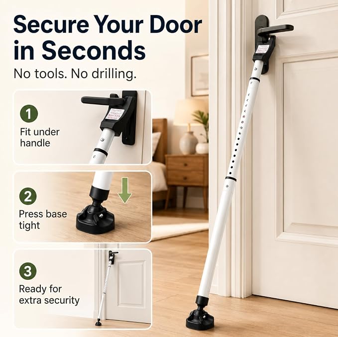 Door Security Bar, 18"-46" Adjustable Door Jammer with Large Anti-Slip Rotating Base, 1.3" Heavy Duty Steel Door Brace for Hinged Doors, Sliding Glass Patio Doors, Home, Apartment & Hotel - Image 7