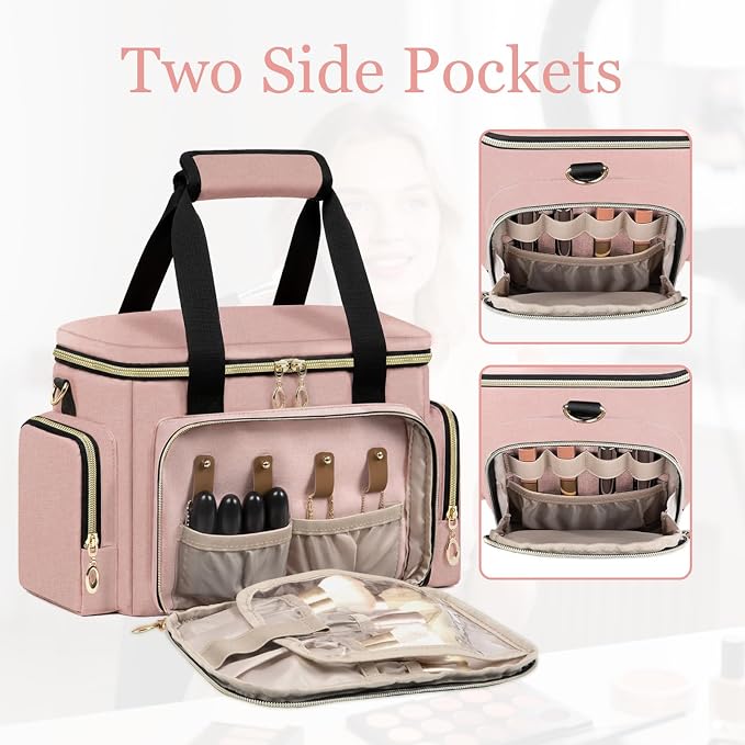 GDNasist Large Makeup Bag, Portable Travel Makeup Bag Organizer | Cosmetic Travel Bag for Women Girls with Removable Shoulder Strap & Detachable Dividers, Toiletry Bag for Makeup Pink - Image 8