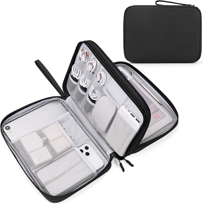 FYY Electronic Organizer, Travel Tech Pouch Bag, Extra Large, Black | Wrist Strap, Waterproof, Double Layers Electronics Travel Case for iPad, Cord, Laptop Charger, Daily and Business Trips Use by FYY