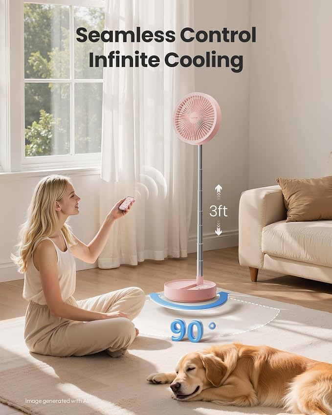 Gaiatop Portable Pedestal Fan 16000mAh Battery [Max 74h Runtime], Foldable Oscillating Standing Fan, Collapsible Desk Fans, LED Light, Case & Remote Control, 4 Speeds for Outdoor Travel Camping (Pink) - Image 5